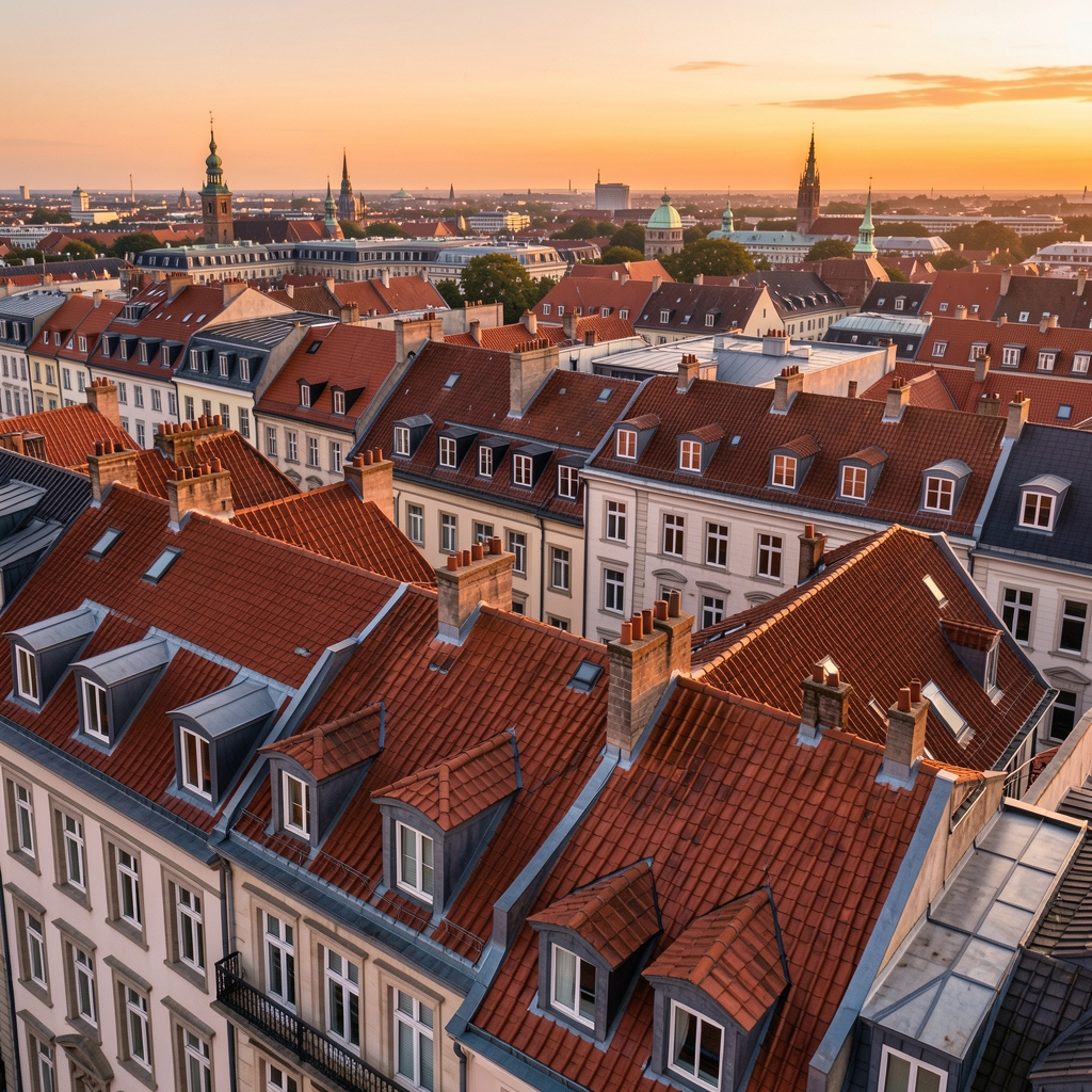 Aerial view of Brussels rooftops at dusk, warm amber light across pitched rooflines and terracotta chimneys