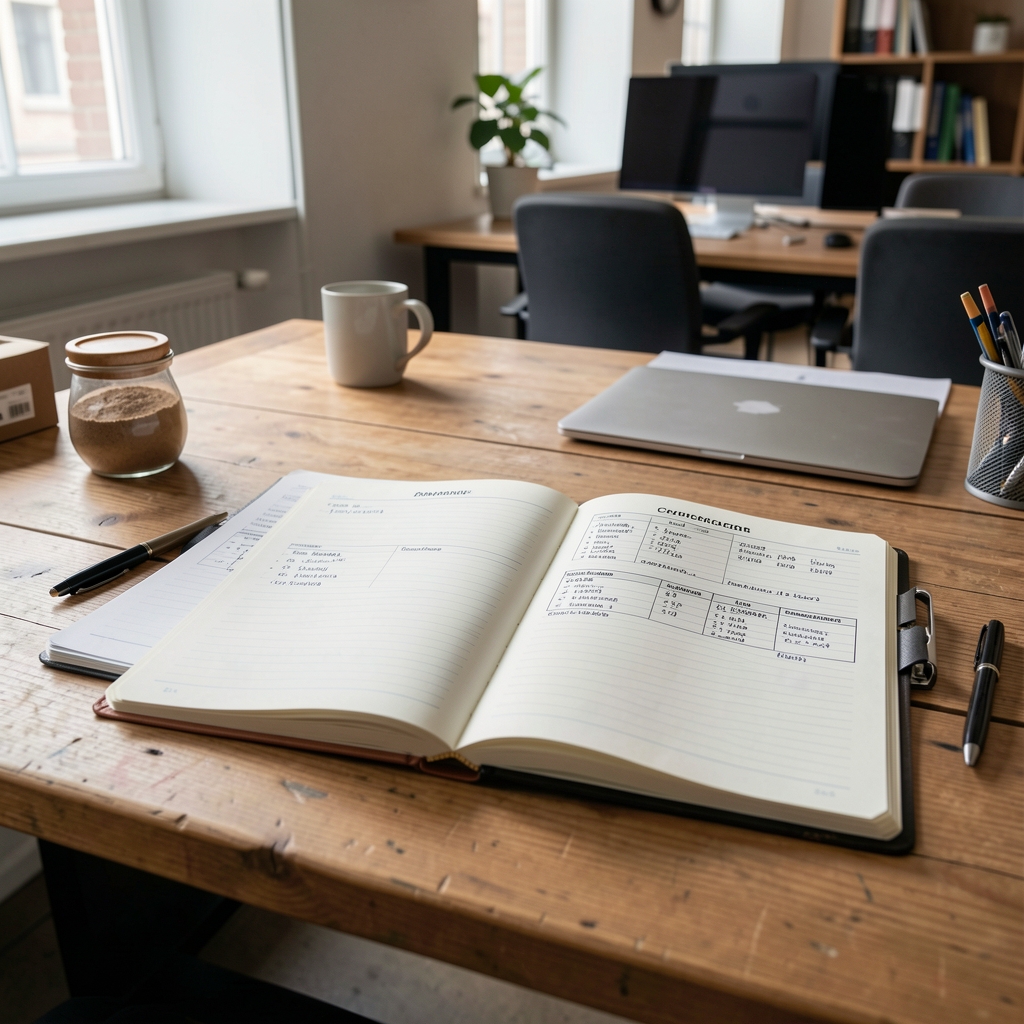 Open research notebooks and ingredient sourcing documentation laid flat on a wooden desk in a Brussels workspace, natural light from the left