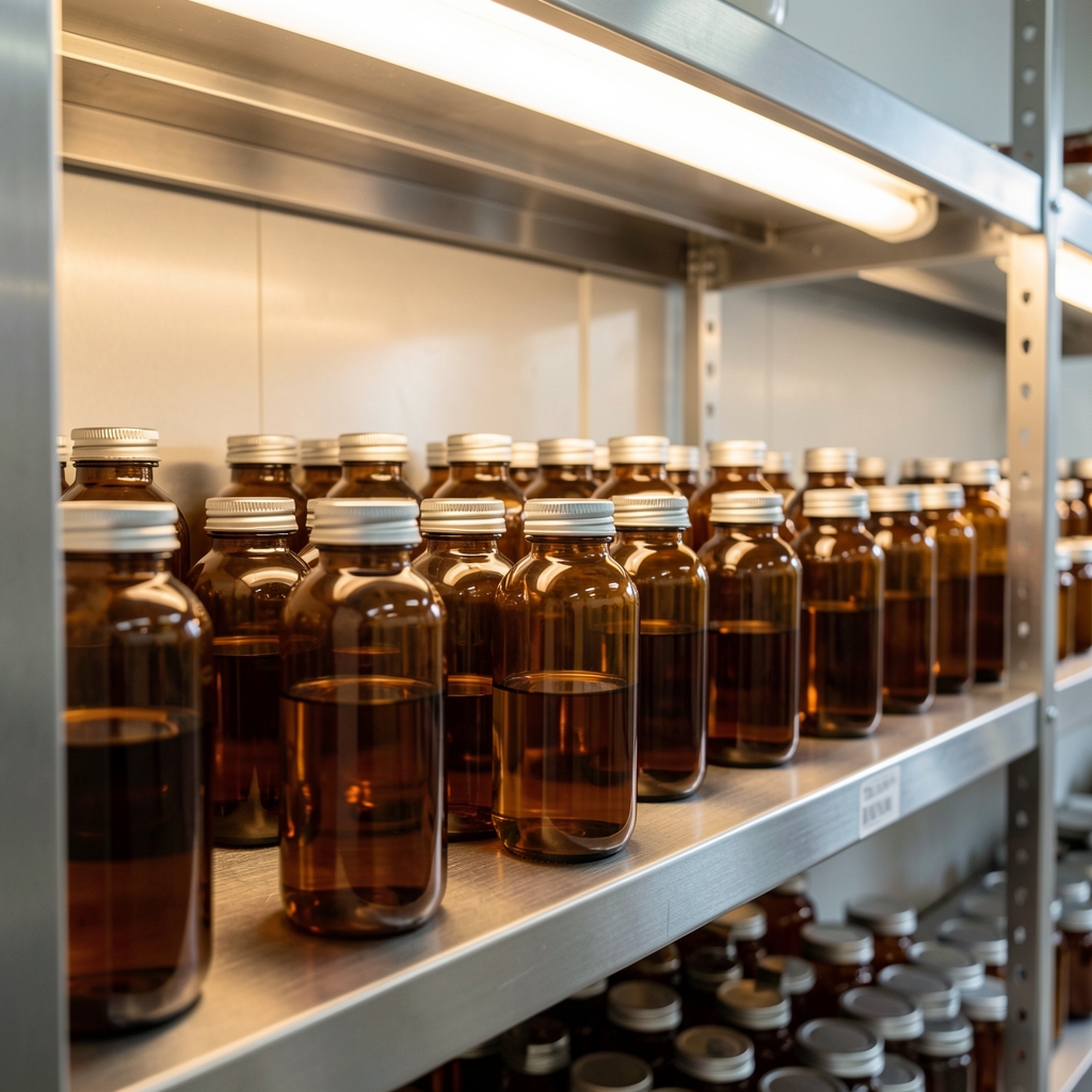 Rows of amber-glass containers on a clean stainless steel shelf in a food-grade storage environment, warm overhead lighting