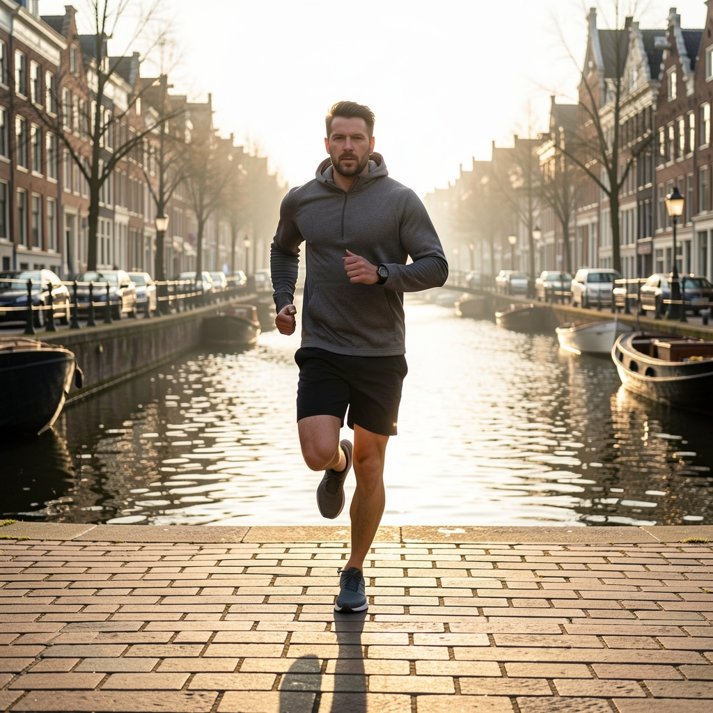 Active man running along a canal in Brussels at early morning, strong directional light casting long shadows across stone pavement