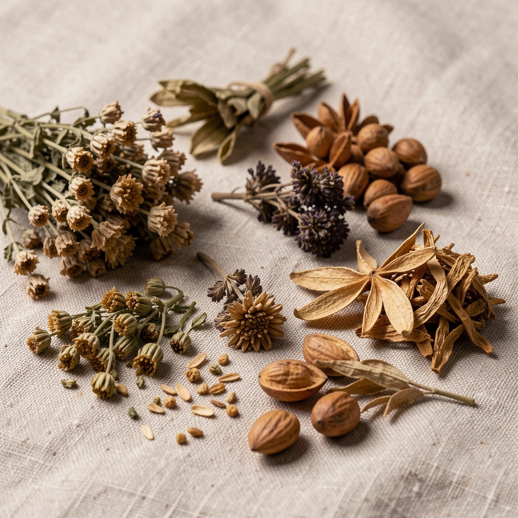 Close-up of botanicals and dried plant material arranged on a linen surface under studio lighting, documentary still-life composition