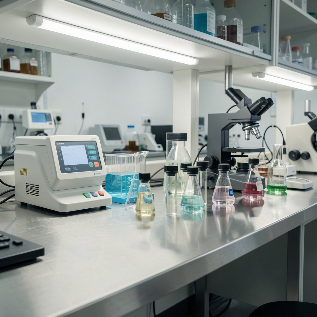 Analysis equipment and glass sample containers on a stainless steel laboratory bench, neatly arranged, under bright overhead workspace lighting