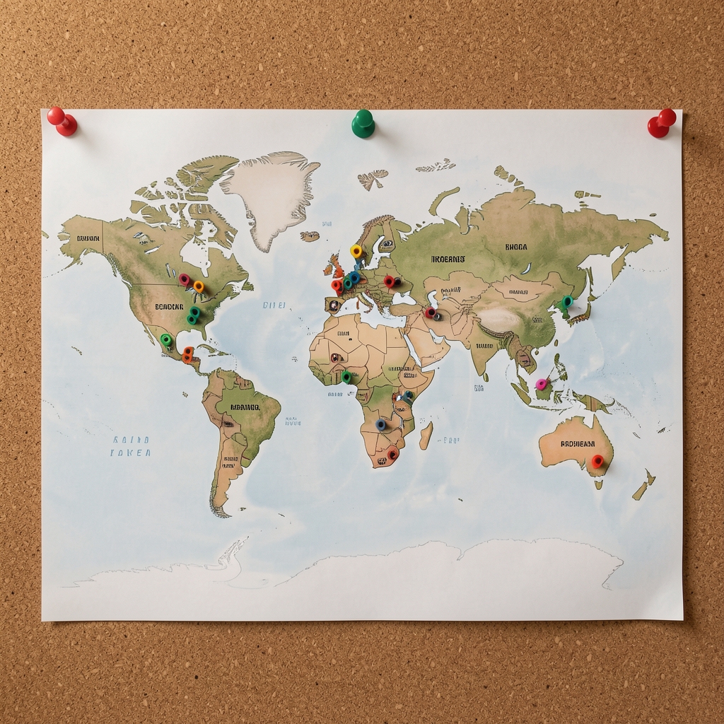 World map printed on matte paper pinned to a corkboard, with hand-placed markers indicating ingredient sourcing regions across Europe, Asia, and the Americas