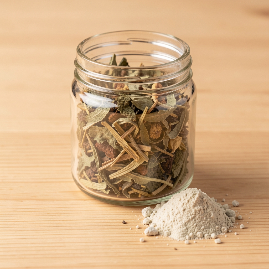 Glass container of dried plant extract and loose mineral powder on a clean wooden surface under controlled studio lighting