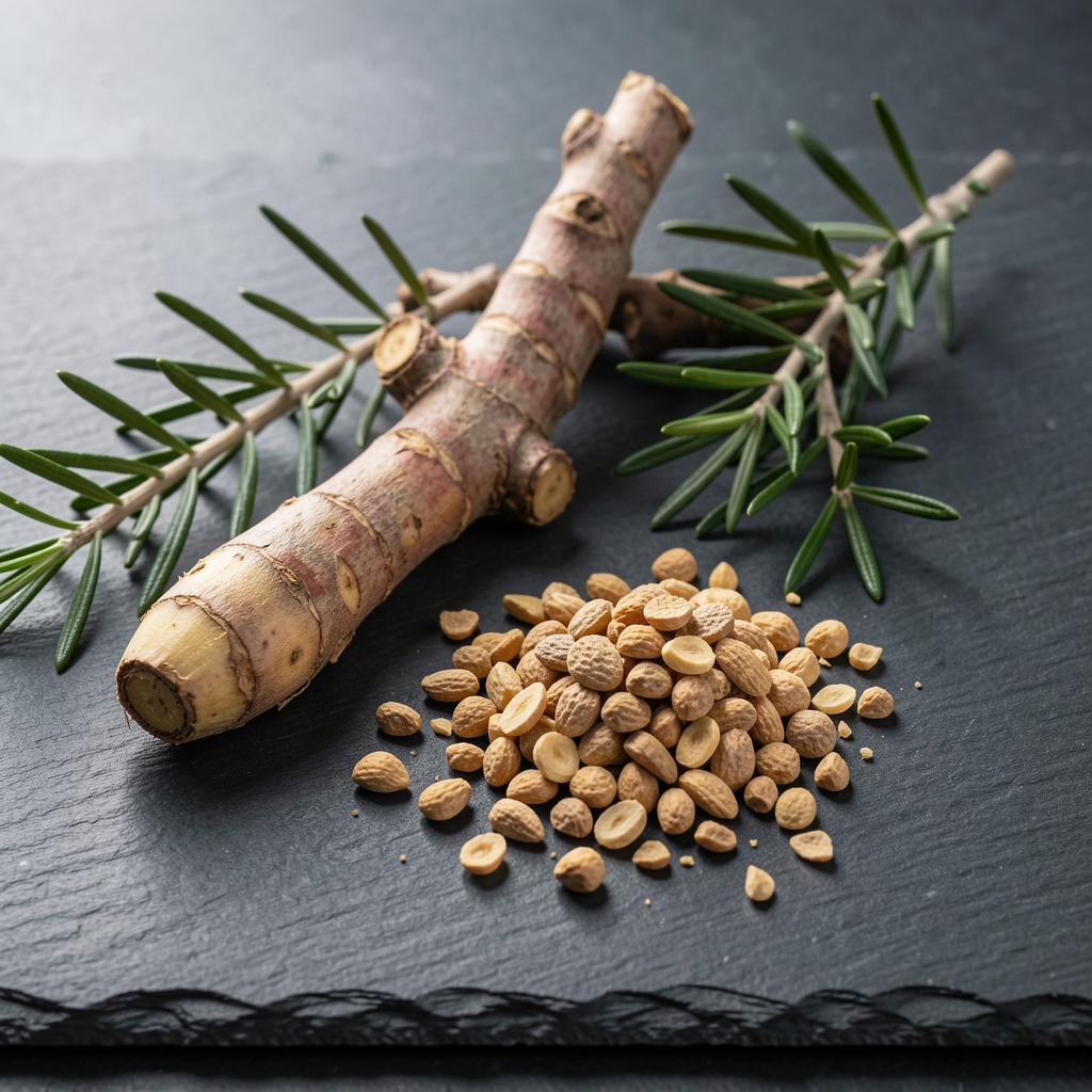Ashwagandha root and rhodiola plant material arranged on a slate surface, botanical reference photograph under directional light