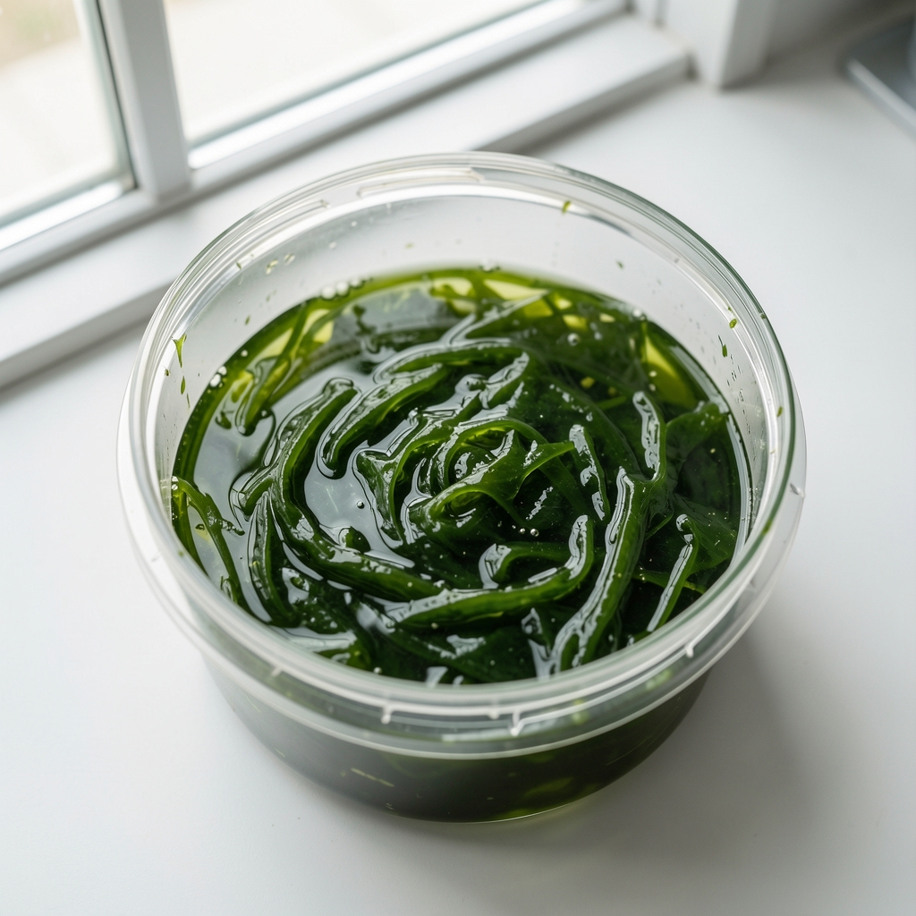 Algae culture in a laboratory research container, clean overhead shot with soft daylight from a north-facing studio window