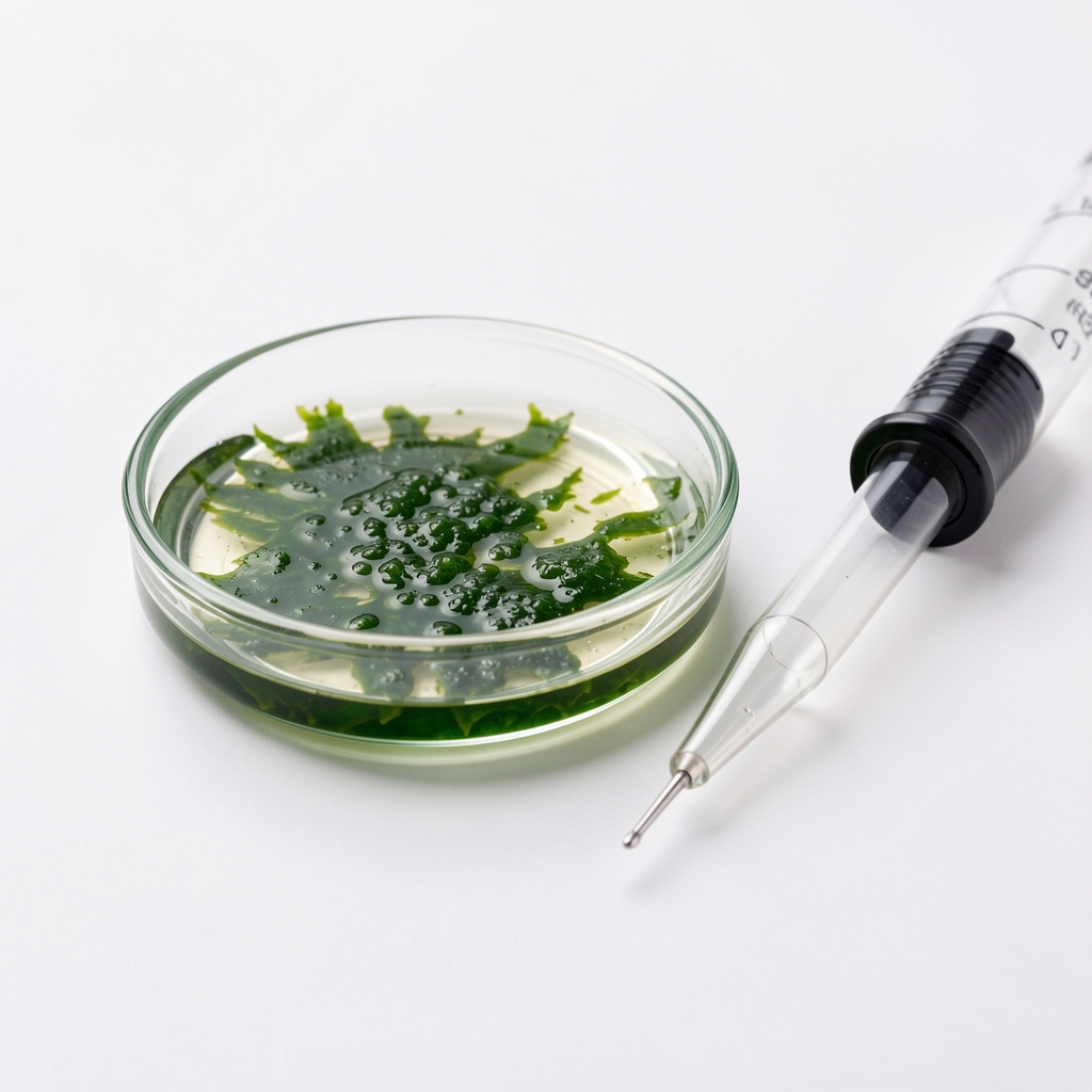 Algae microculture sample in a shallow glass dish next to a scientific pipette on a clean white surface under bright studio lighting