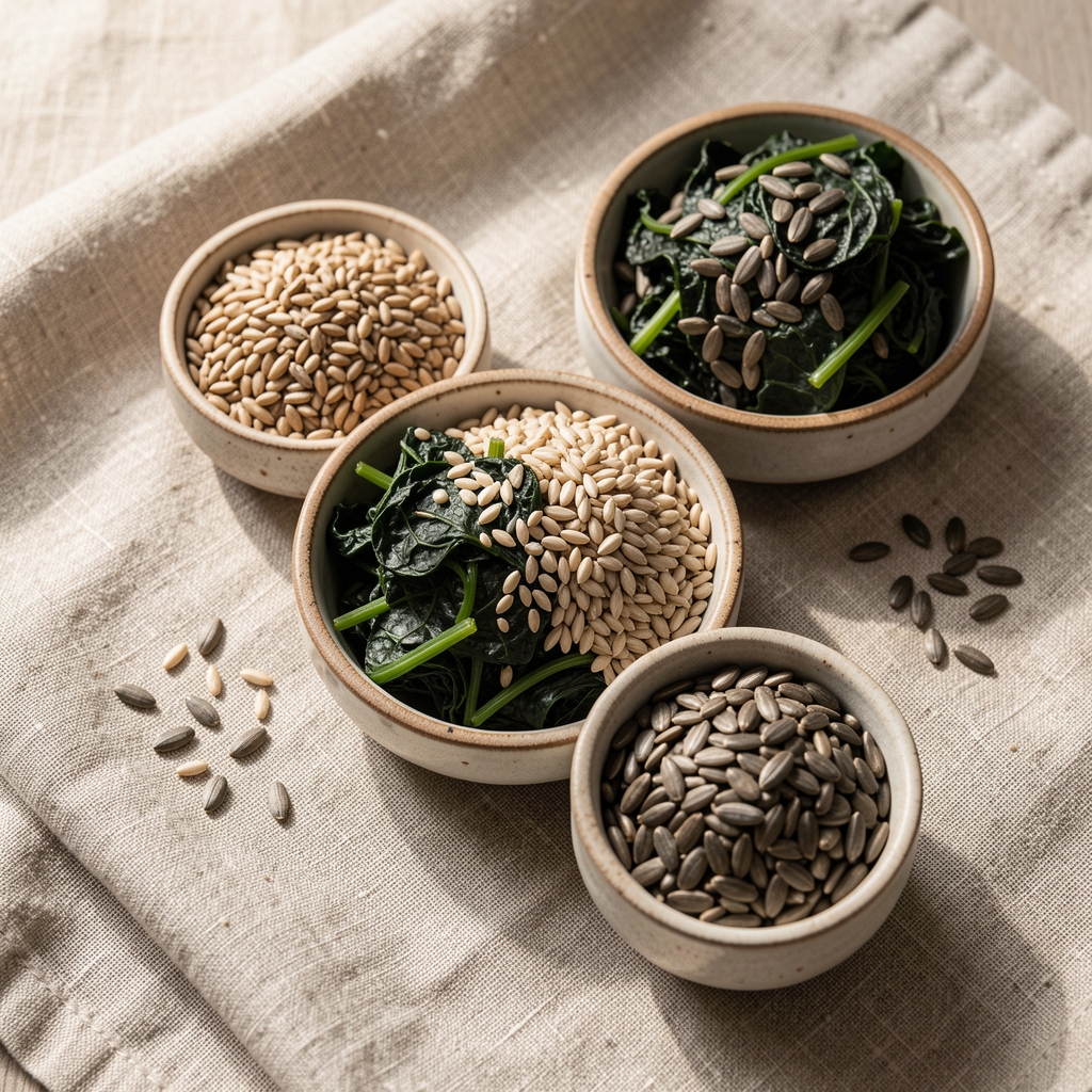 Assorted whole grains, dark leafy greens, and sunflower seeds arranged in small ceramic bowls on a natural linen cloth, overhead natural light