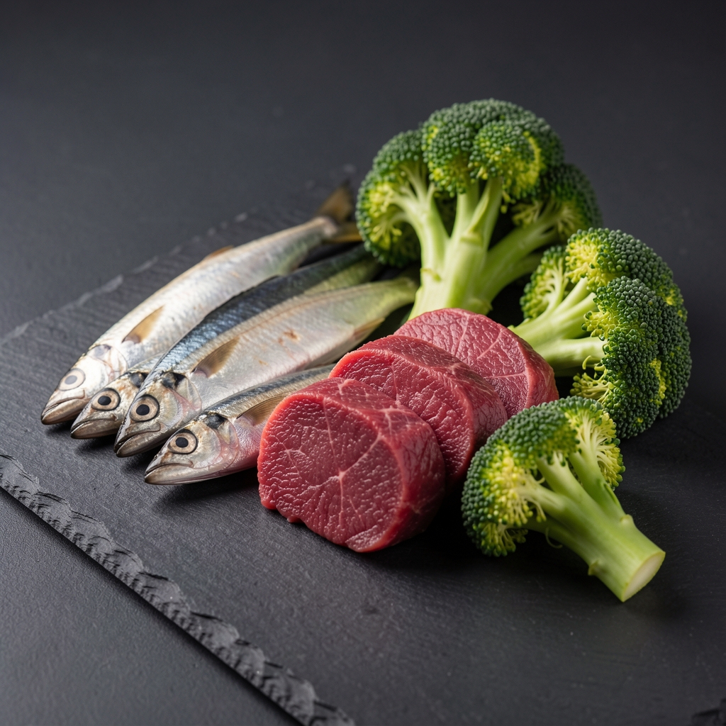 Macro photograph of coenzyme Q10 rich foods — sardines, beef heart slices, and broccoli florets arranged on dark slate with professional studio lighting