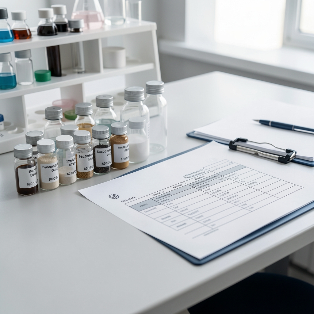 Quality-control bench with ingredient samples in glass vials, batch-coded labels, and a clipboard with documentation sheets, clean workspace environment