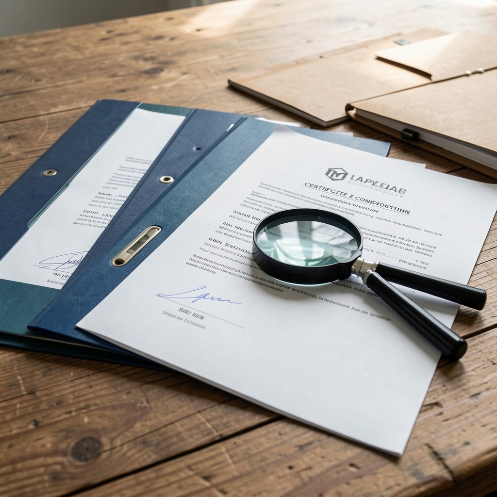 Supplier documentation folders and certificate of composition papers spread across a wooden table, a magnifying loupe resting on one document