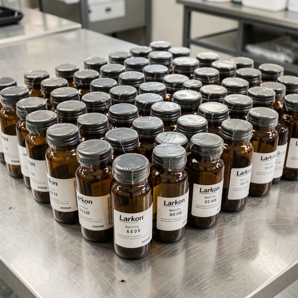 Rows of neatly sealed amber glass containers on a stainless steel packing surface, each with a Larkon batch code label visible